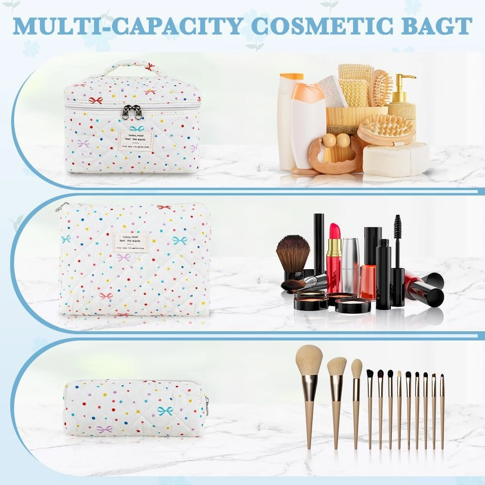 3Pcs Cotton Quilted Makeup Bag Set,Large Floral Cosmetic Bag，Aesthetic Toiletry Travel Makeup Bag Set and Cute Flower Bag for Women Girls (Apricot Colored Dot)