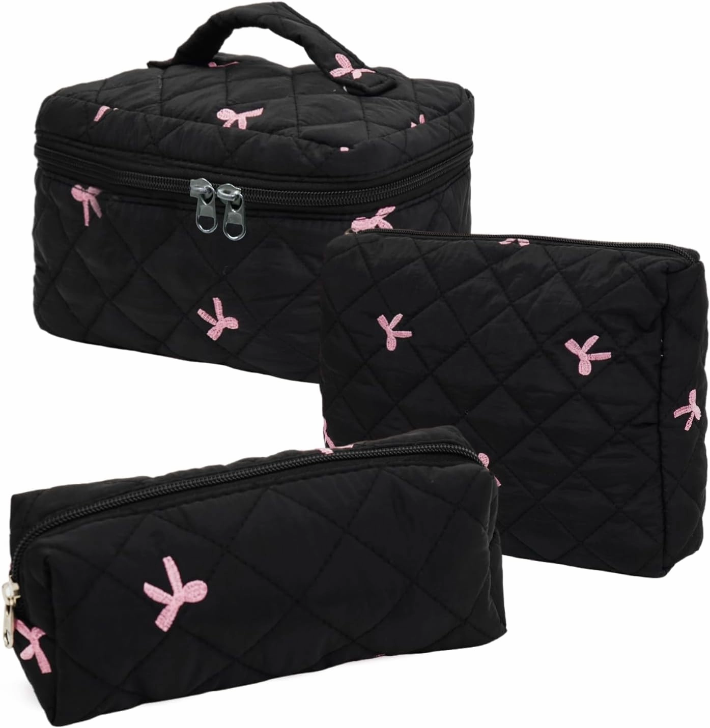 3Pcs Cotton Quilted Makeup Bag Set,Large Floral Cosmetic Bag，Aesthetic Toiletry Travel Makeup Bag Set and Cute Flower Bag for Women Girls (Black Pink Bow)