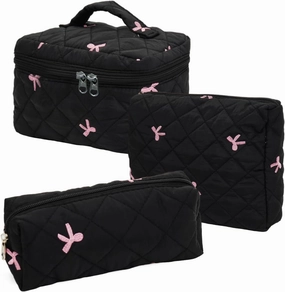 3Pcs Cotton Quilted Makeup Bag Set,Large Floral Cosmetic Bag，Aesthetic Toiletry Travel Makeup Bag Set and Cute Flower Bag for Women Girls (Black Pink Bow)