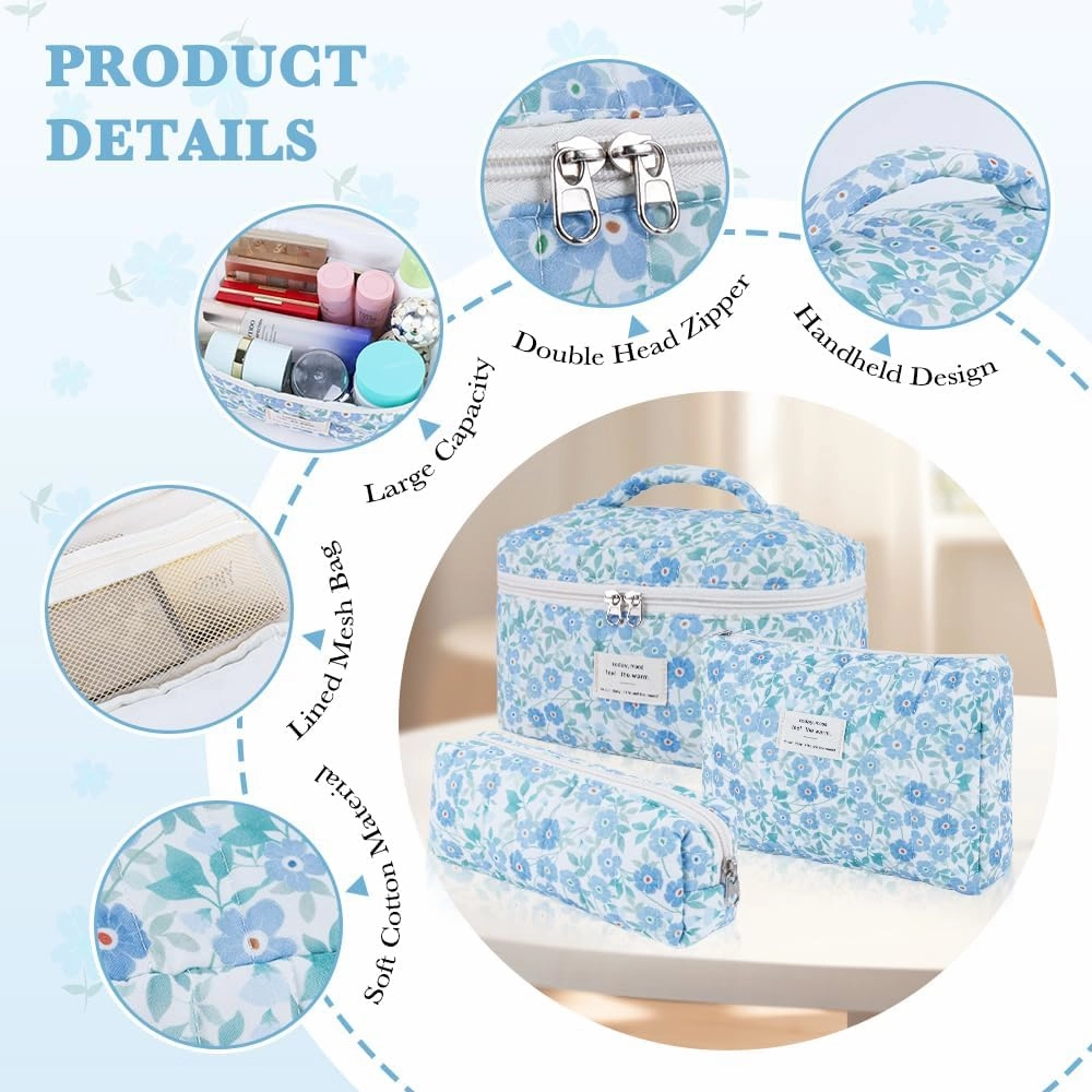 3Pcs Cotton Quilted Makeup Bag Set,Large Floral Cosmetic Bag，Aesthetic Toiletry Travel Makeup Bag Set and Cute Flower Bag for Women Girls (Blue Flower)
