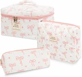 3Pcs Cotton Quilted Makeup Bag Set,Large Floral Cosmetic Bag,Aesthetic Toiletry Travel Makeup Bag Set and Cute Flower Bag for Women Girls (Flower Bow)