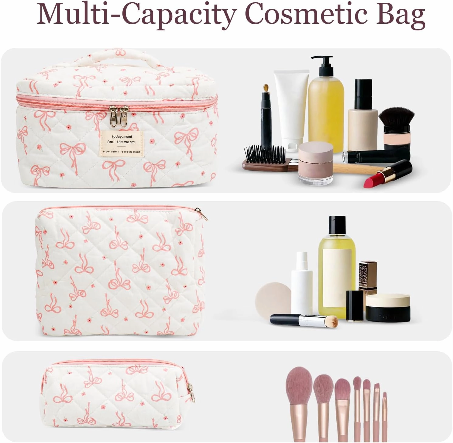 3Pcs Cotton Quilted Makeup Bag Set,Large Floral Cosmetic Bag,Aesthetic Toiletry Travel Makeup Bag Set and Cute Flower Bag for Women Girls (Flower Bow)