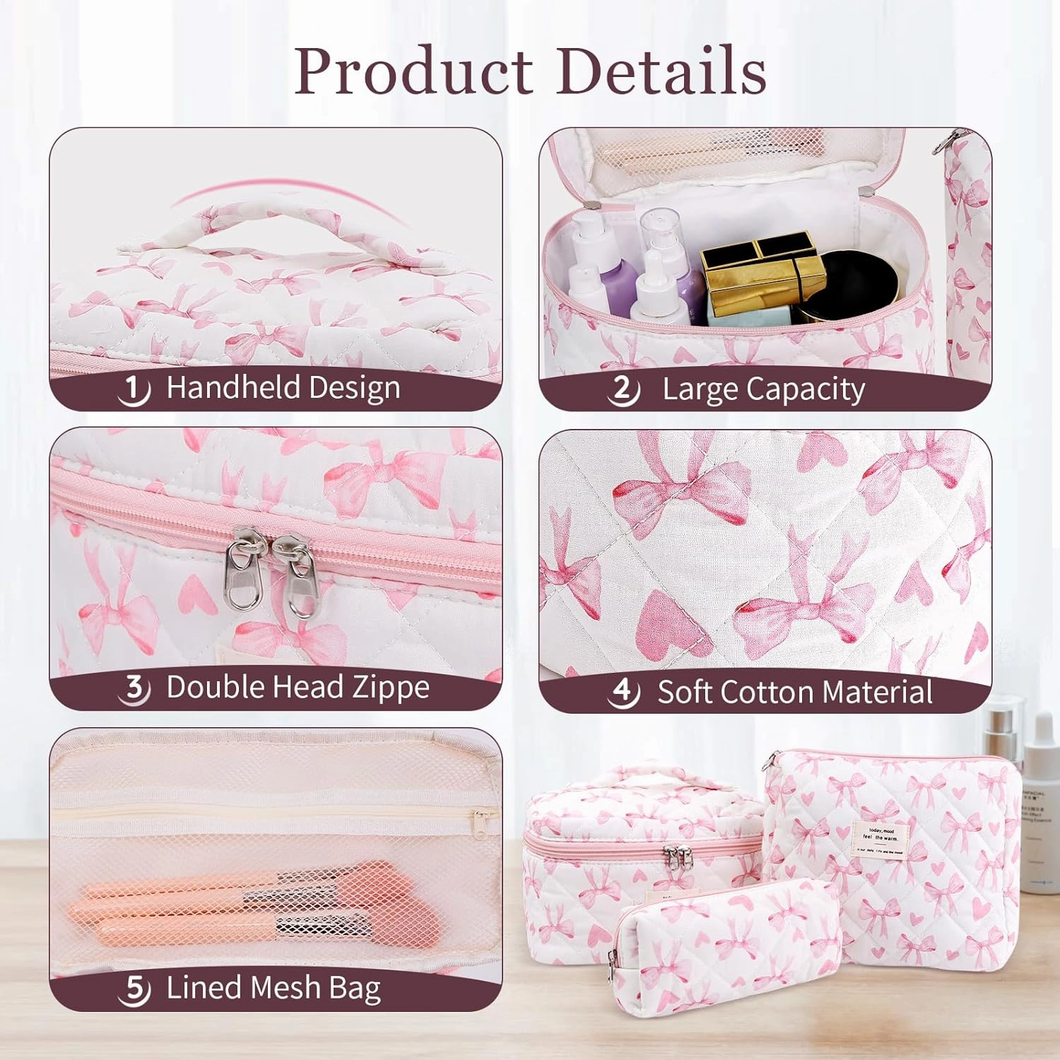 3Pcs Cotton Quilted Makeup Bag Set,Large Floral Cosmetic Bag，Aesthetic Toiletry Travel Makeup Bag Set and Cute Flower Bag for Women Girls (Love Bow)