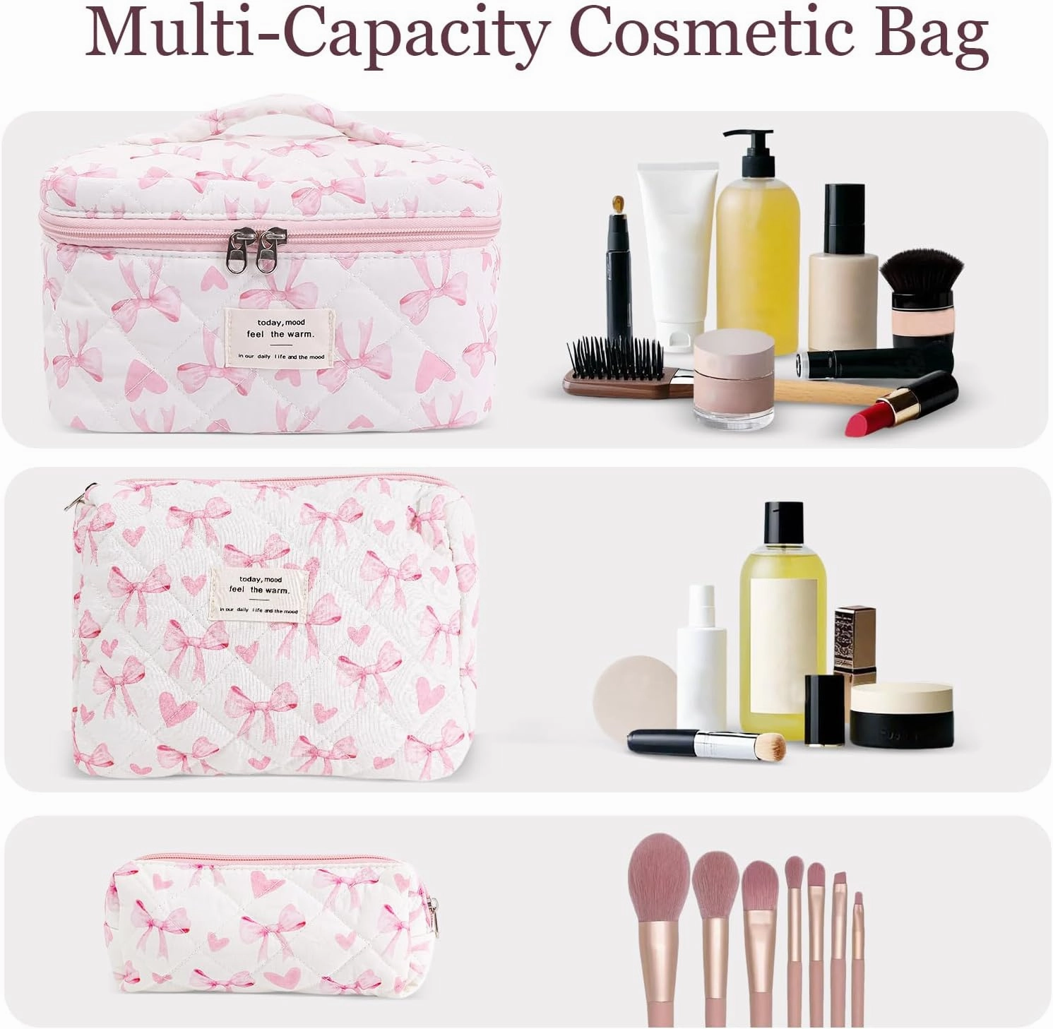3Pcs Cotton Quilted Makeup Bag Set,Large Floral Cosmetic Bag，Aesthetic Toiletry Travel Makeup Bag Set and Cute Flower Bag for Women Girls (Love Bow)