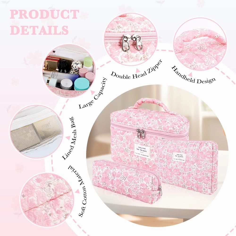 3Pcs Cotton Quilted Makeup Bag Set,Large Floral Cosmetic Bag，Aesthetic Toiletry Travel Makeup Bag Set and Cute Flower Bag for Women Girls (Pink Flower)