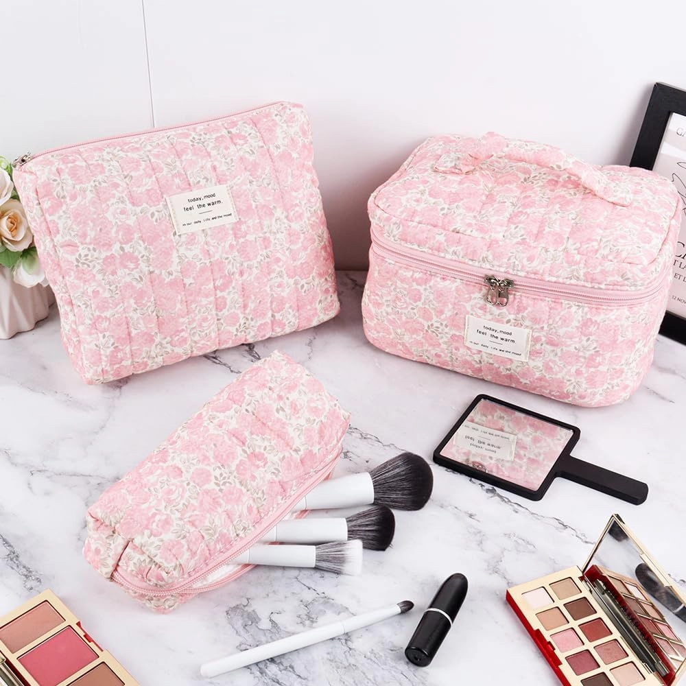 3Pcs Cotton Quilted Makeup Bag Set,Large Floral Cosmetic Bag，Aesthetic Toiletry Travel Makeup Bag Set and Cute Flower Bag for Women Girls (Pink Flower)