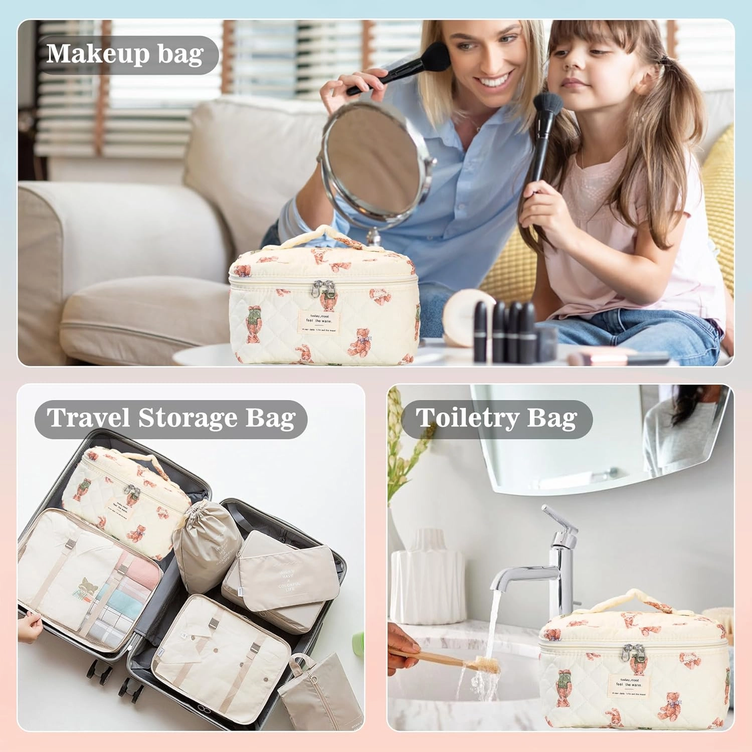 3Pcs Quilted Makeup Bag - Cotton Large Floral Makeup Bag, Travel Cosmetic Bag Cute Flower Aesthetic Floral Toiletry Organizer Bag Set for Women (02White-Bear)