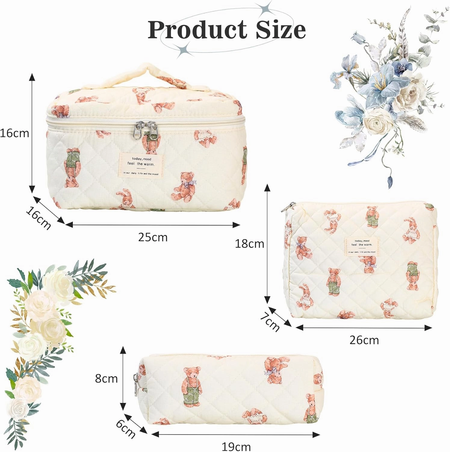 3Pcs Quilted Makeup Bag - Cotton Large Floral Makeup Bag, Travel Cosmetic Bag Cute Flower Aesthetic Floral Toiletry Organizer Bag Set for Women (02White-Bear)