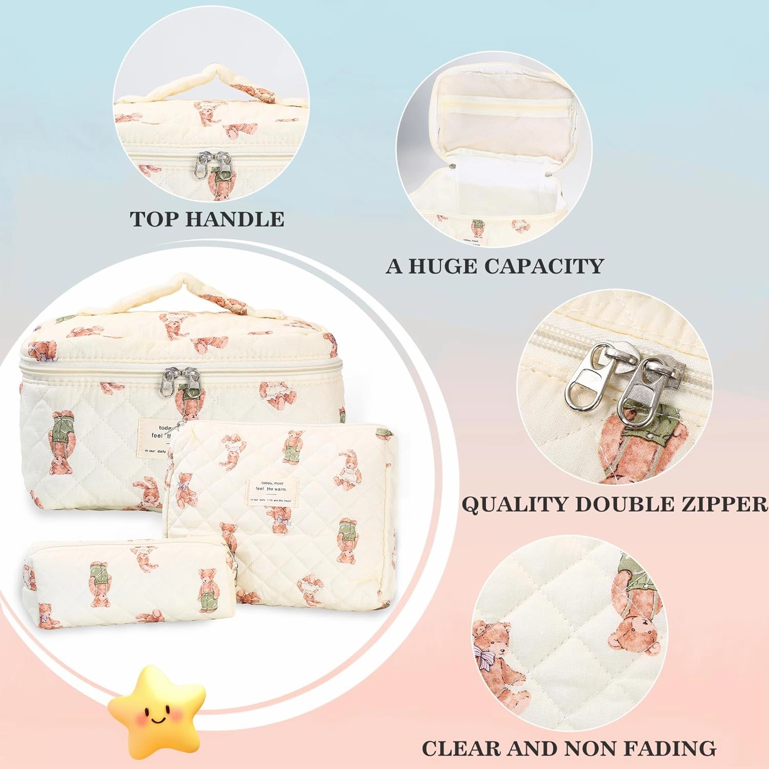 3Pcs Quilted Makeup Bag - Cotton Large Floral Makeup Bag, Travel Cosmetic Bag Cute Flower Aesthetic Floral Toiletry Organizer Bag Set for Women (02White-Bear)