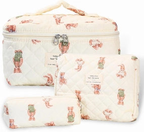 3Pcs Quilted Makeup Bag - Cotton Large Floral Makeup Bag, Travel Cosmetic Bag Cute Flower Aesthetic Floral Toiletry Organizer Bag Set for Women (02White-Bear)