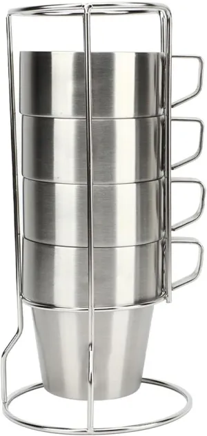 4 Pcs Stackable Camping Mug, Stainless Steel Camping Cups, with Handle and Cup Rack, Double Wall Design, for Home Coffee Shop Use Coffee Tea Milk Camp Outdoor (Clear)