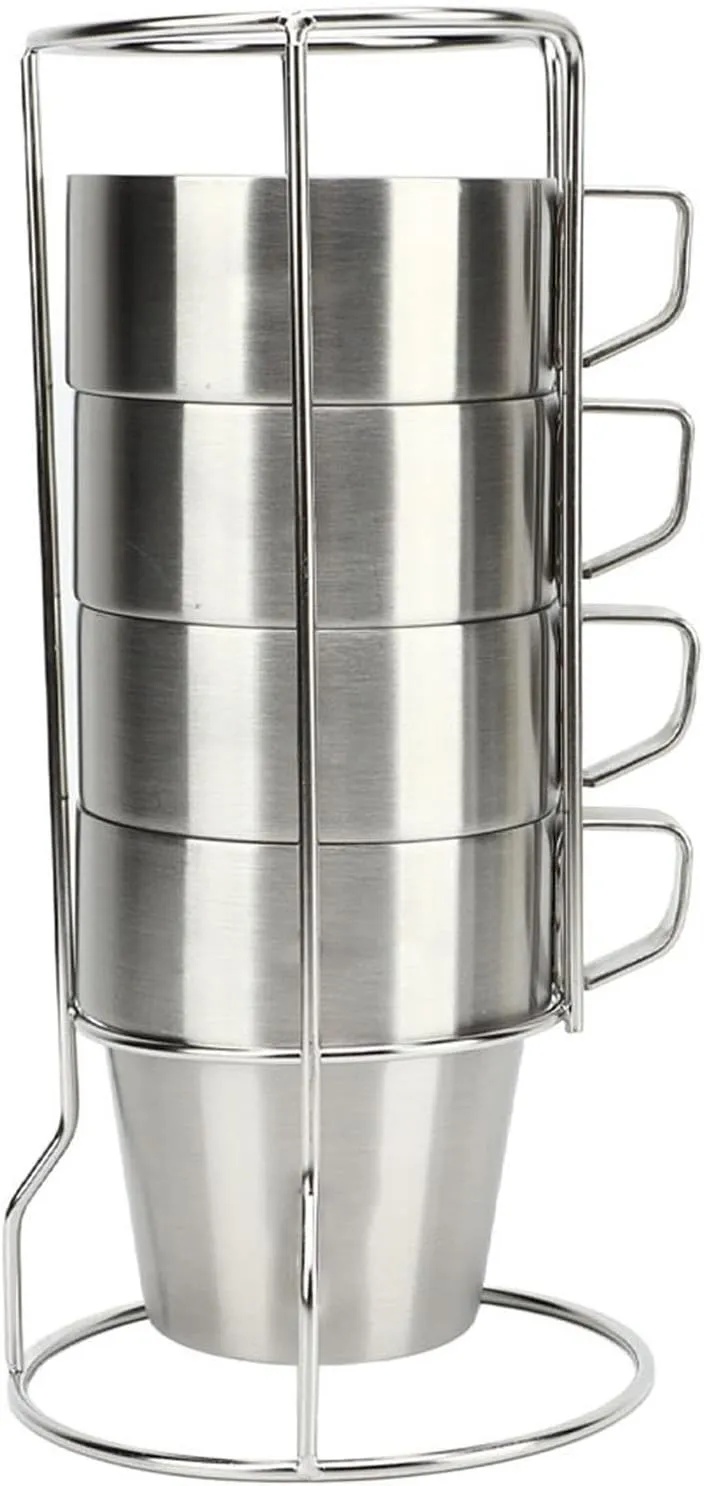 4 Pcs Stackable Camping Mug, Stainless Steel Camping Cups, with Handle and Cup Rack, Double Wall Design, for Home Coffee Shop Use Coffee Tea Milk Camp Outdoor (Clear)