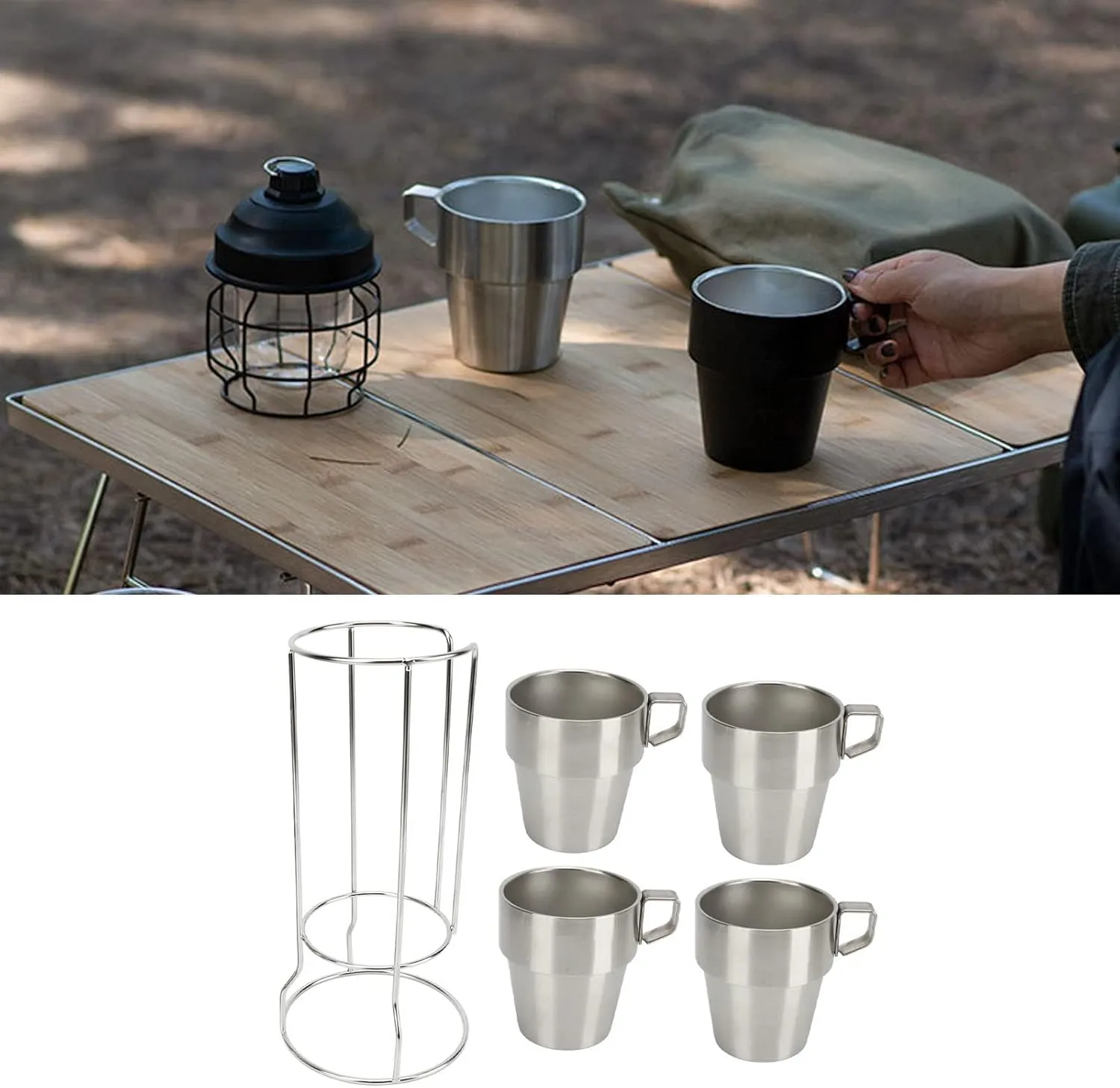 4 Pcs Stackable Camping Mug, Stainless Steel Camping Cups, with Handle and Cup Rack, Double Wall Design, for Home Coffee Shop Use Coffee Tea Milk Camp Outdoor (Clear)