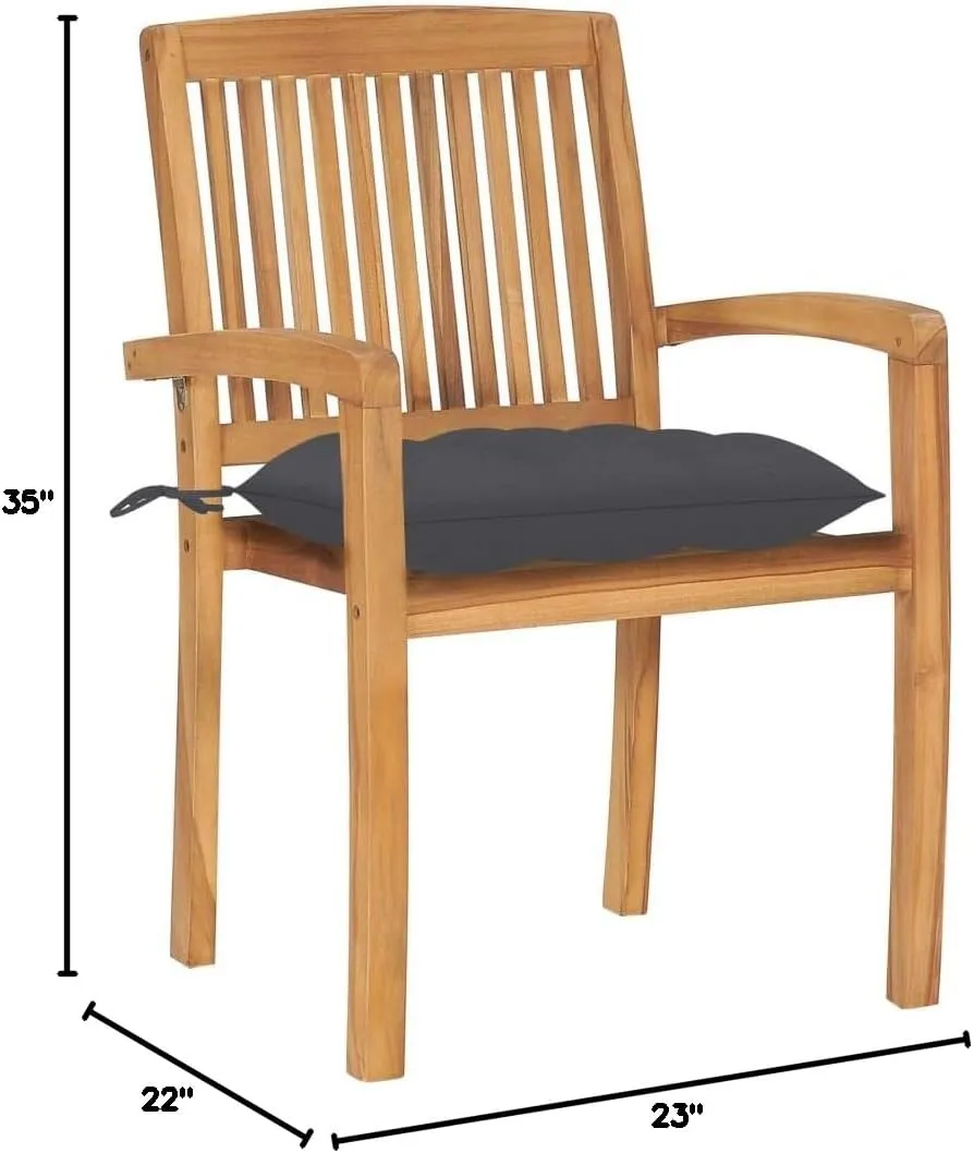 4-Piece Stackable Teak Wood Patio Chairs Set with Anthracite Cushions, Outdoor Indoor Dining Chairs Water-Resistant Furniture for Garden Poolside Backyard
