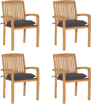 4-Piece Stackable Teak Wood Patio Chairs Set with Anthracite Cushions, Outdoor Indoor Dining Chairs Water-Resistant Furniture for Garden Poolside Backyard