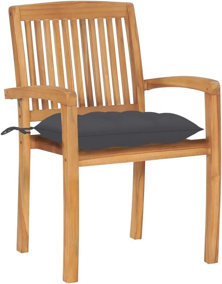 4-Piece Stackable Teak Wood Patio Chairs Set with Anthracite Cushions, Outdoor Indoor Dining Chairs Water-Resistant Furniture for Garden Poolside Backyard