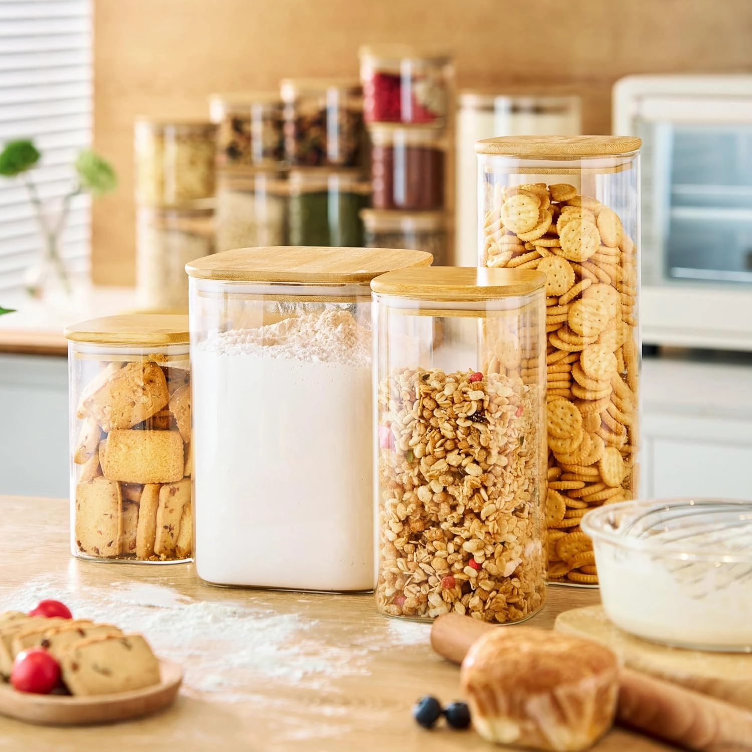 42oz & 27oz - 4 Pack Square Glass Jars with Bamboo Lids, Glass Food Storage Containers with Airtight Lids for Kitchen, Air Tight Pantry Storage Containers for Cereal, Pasta, Rice, Sugar, Coffee, Spice
