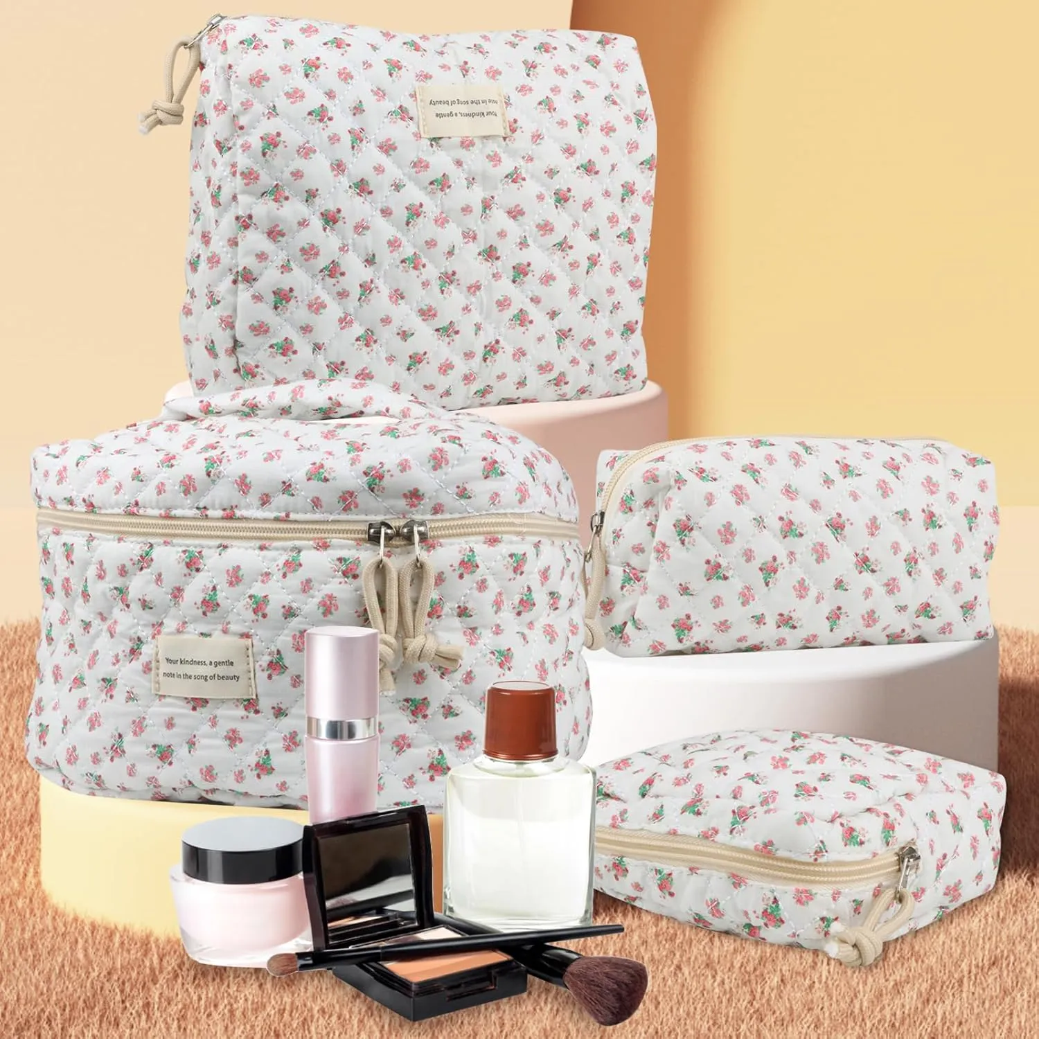 4Pcs Large Capacity Makeup Bag for Women, Cute Portable Quilted Coquette Aesthetic Floral Cosmetic Bag, Organizer Storage Travel Toiletry Bag (001-Red Rose)
