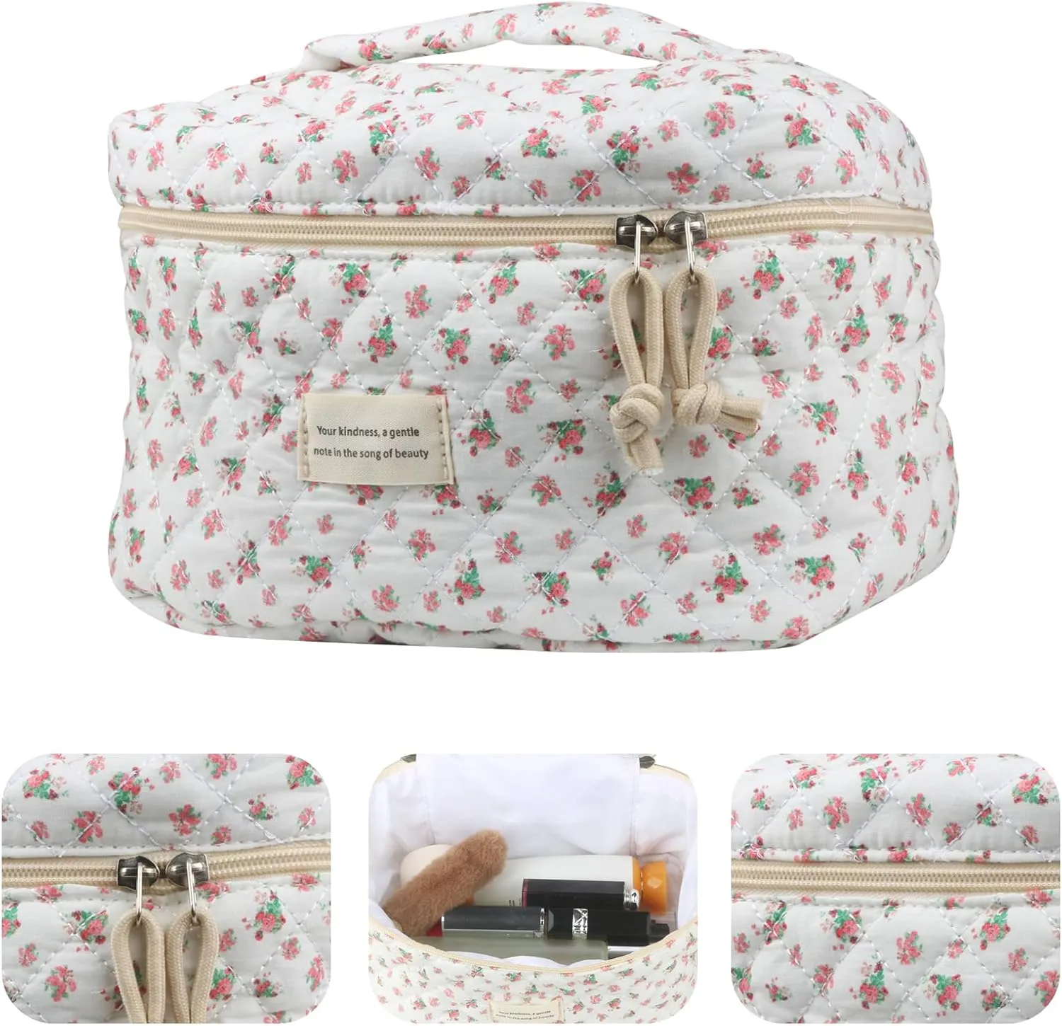 4Pcs Large Capacity Makeup Bag for Women, Cute Portable Quilted Coquette Aesthetic Floral Cosmetic Bag, Organizer Storage Travel Toiletry Bag (001-Red Rose)