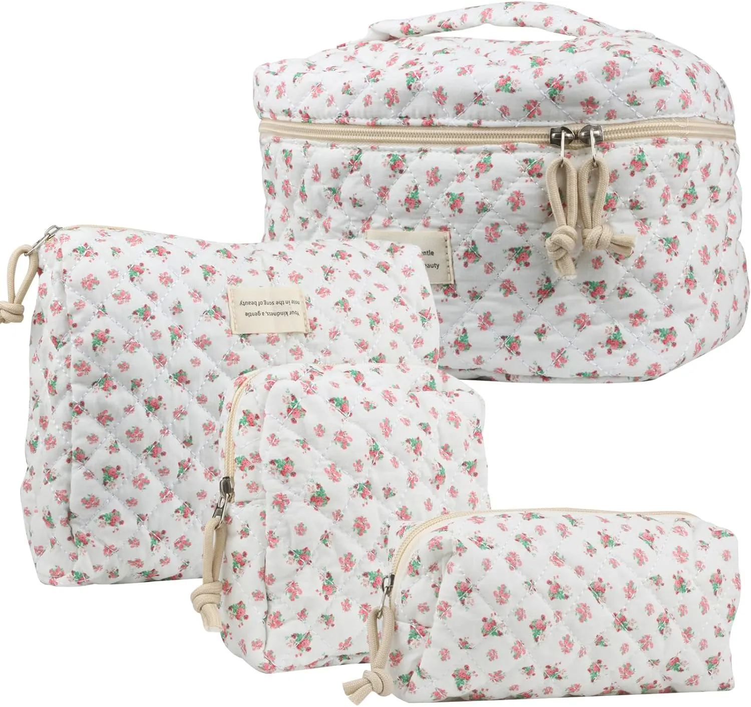 4Pcs Large Capacity Makeup Bag for Women, Cute Portable Quilted Coquette Aesthetic Floral Cosmetic Bag, Organizer Storage Travel Toiletry Bag (001-Red Rose)