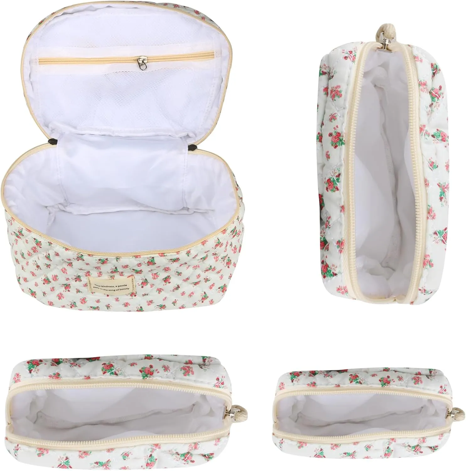 4Pcs Large Capacity Makeup Bag for Women, Cute Portable Quilted Coquette Aesthetic Floral Cosmetic Bag, Organizer Storage Travel Toiletry Bag (001-Red Rose)