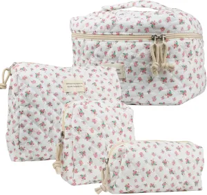 4Pcs Large Capacity Makeup Bag for Women, Cute Portable Quilted Coquette Aesthetic Floral Cosmetic Bag, Organizer Storage Travel Toiletry Bag (001-Red Rose)