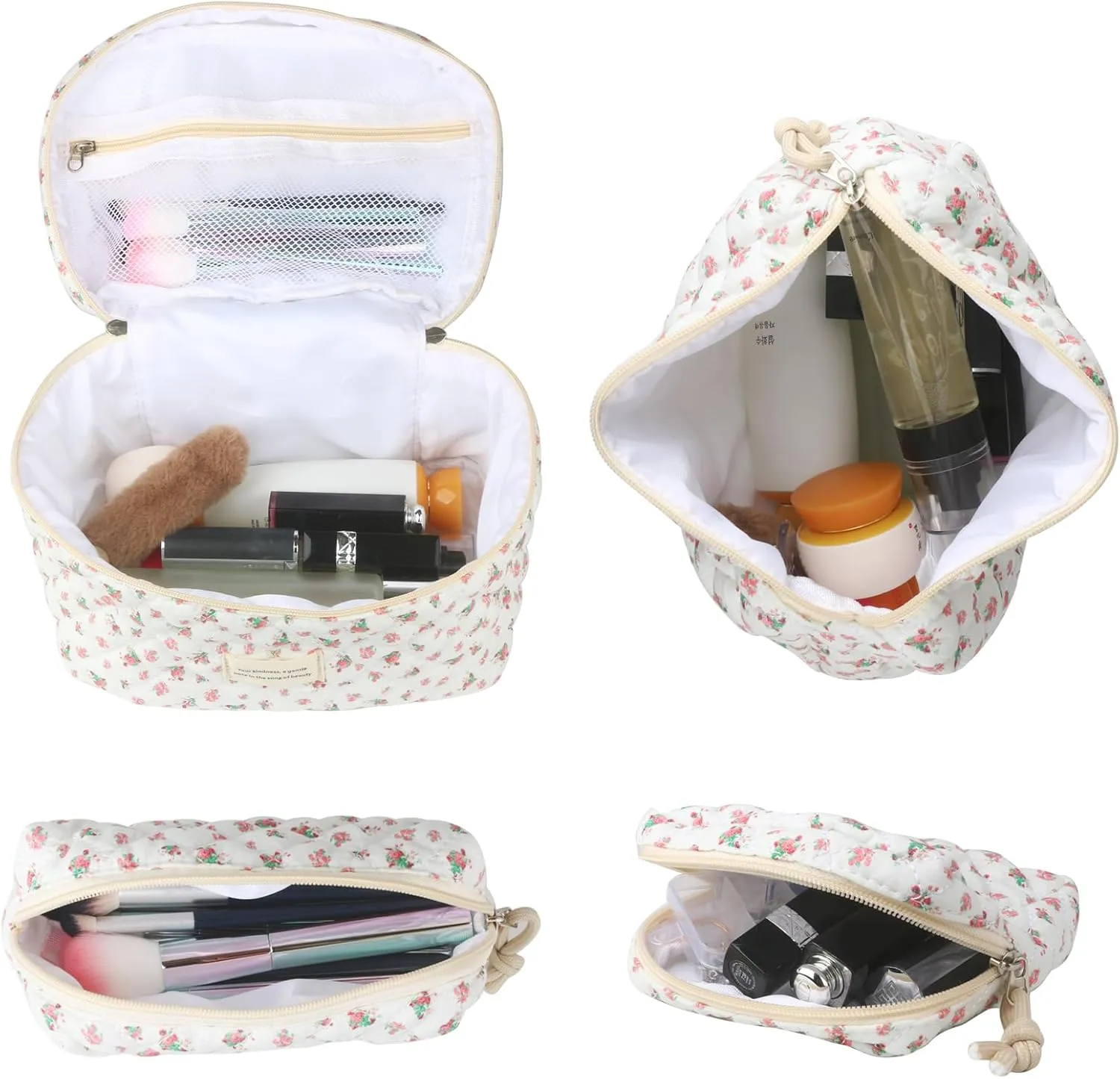4Pcs Large Capacity Makeup Bag for Women, Cute Portable Quilted Coquette Aesthetic Floral Cosmetic Bag, Organizer Storage Travel Toiletry Bag (001-Red Rose)