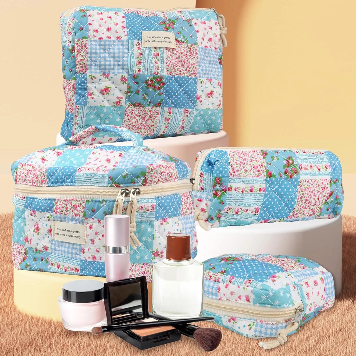 4Pcs Large Capacity Makeup Bag for Women, Cute Portable Quilted Coquette Aesthetic Floral Cosmetic Bag, Organizer Storage Travel Toiletry Bag (005-Grid Rose)