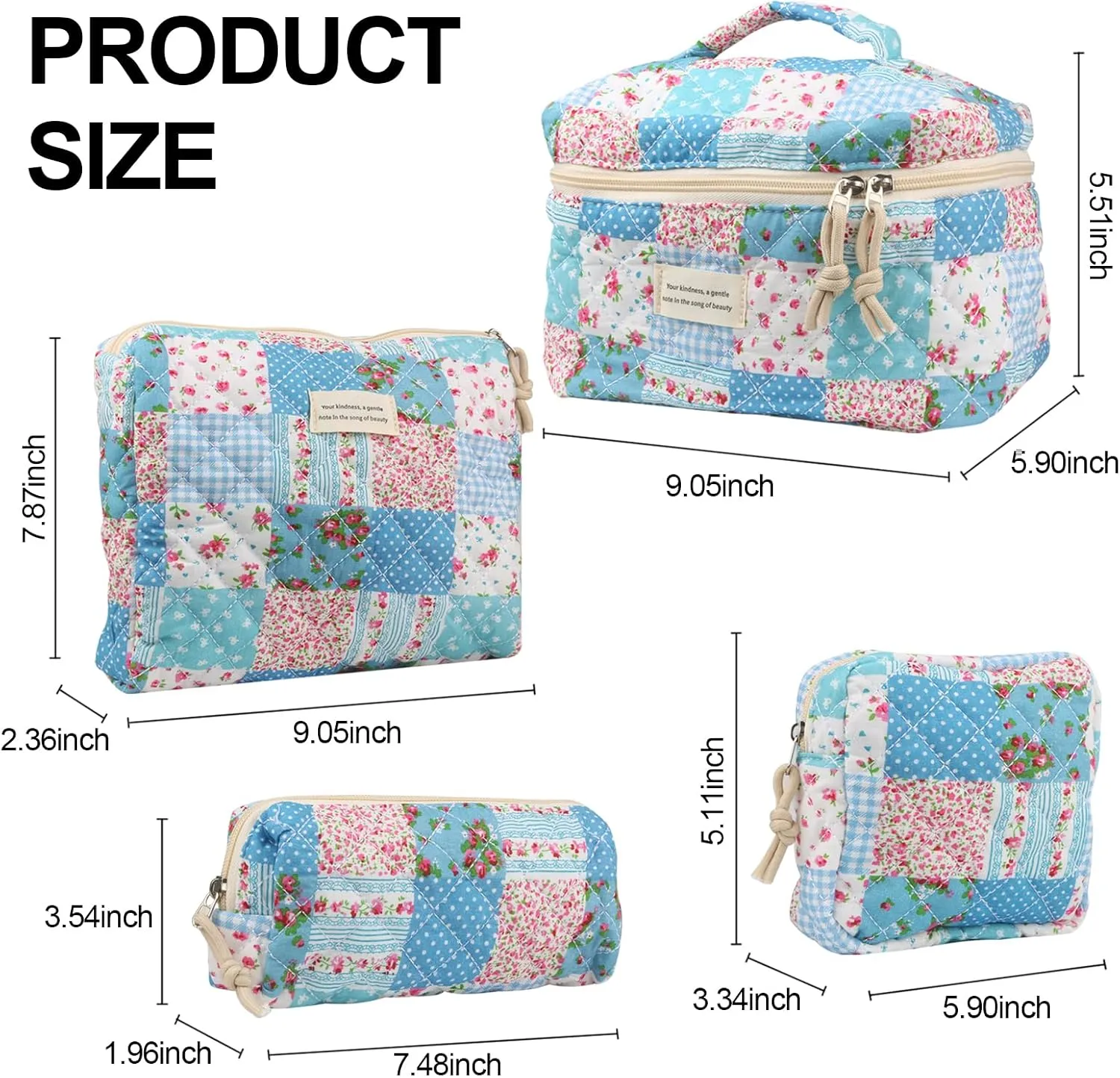 4Pcs Large Capacity Makeup Bag for Women, Cute Portable Quilted Coquette Aesthetic Floral Cosmetic Bag, Organizer Storage Travel Toiletry Bag (005-Grid Rose)