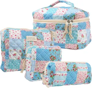 4Pcs Large Capacity Makeup Bag for Women, Cute Portable Quilted Coquette Aesthetic Floral Cosmetic Bag, Organizer Storage Travel Toiletry Bag (005-Grid Rose)