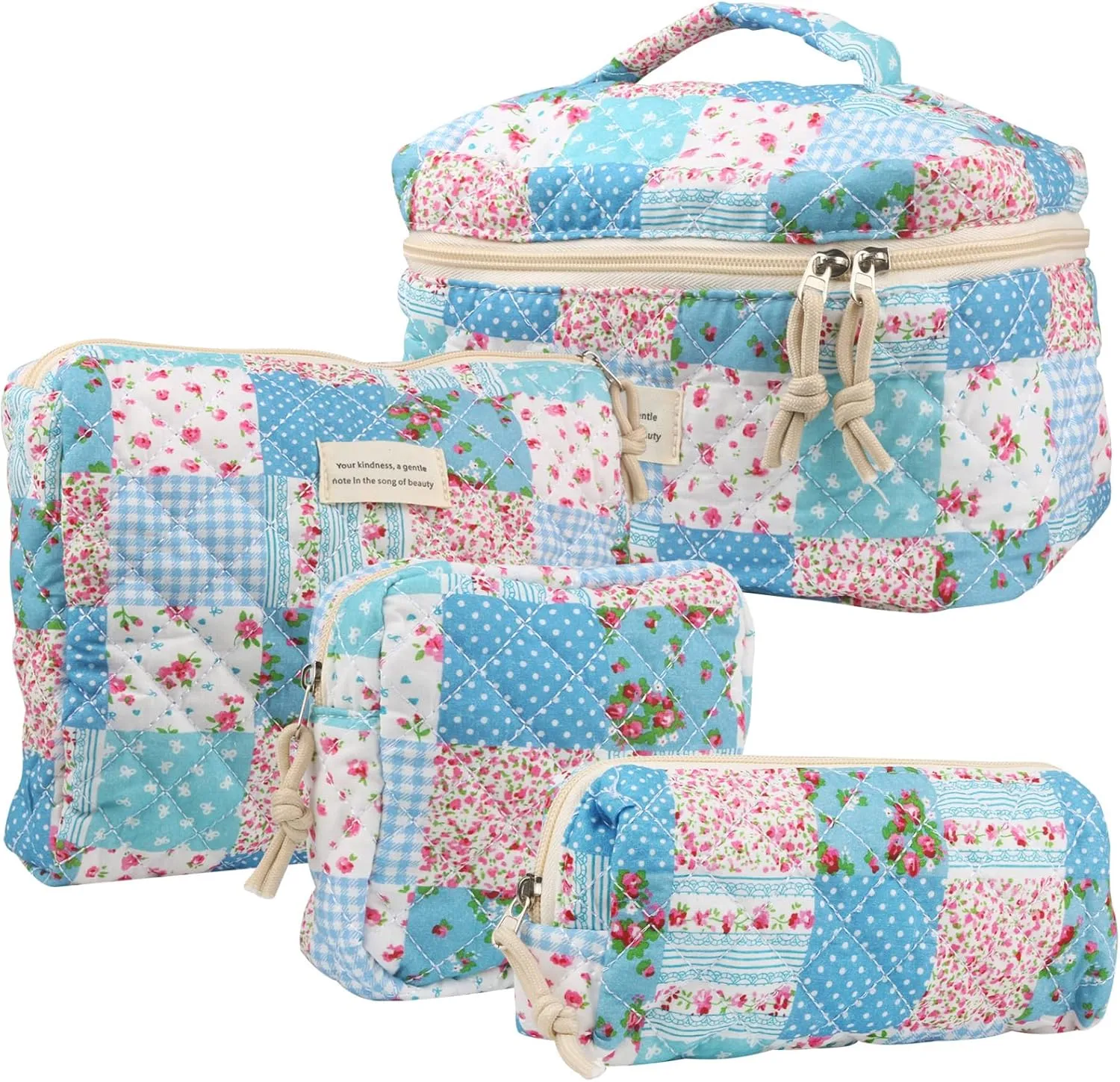 4Pcs Large Capacity Makeup Bag for Women, Cute Portable Quilted Coquette Aesthetic Floral Cosmetic Bag, Organizer Storage Travel Toiletry Bag (005-Grid Rose)