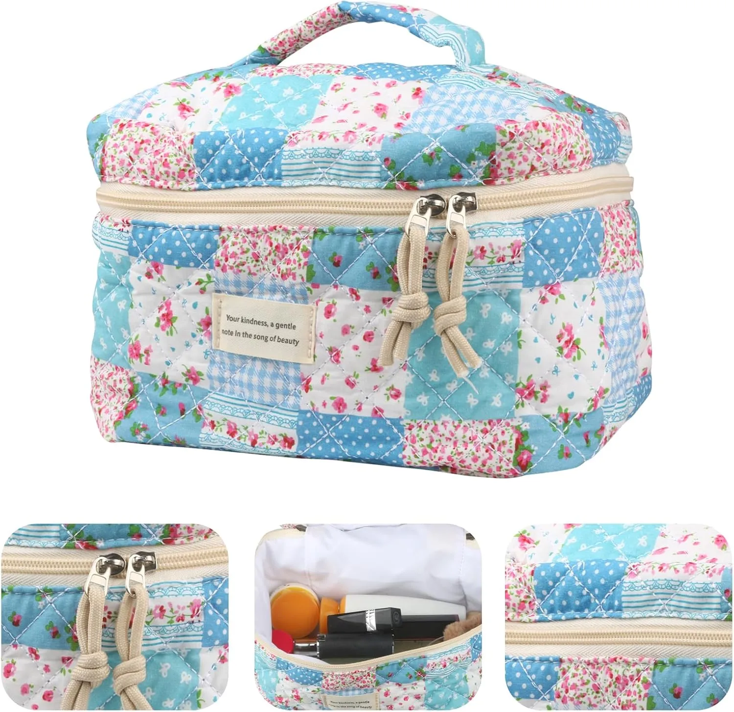 4Pcs Large Capacity Makeup Bag for Women, Cute Portable Quilted Coquette Aesthetic Floral Cosmetic Bag, Organizer Storage Travel Toiletry Bag (005-Grid Rose)