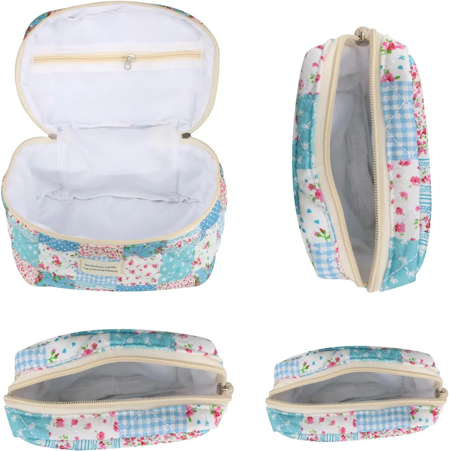 4Pcs Large Capacity Makeup Bag for Women, Cute Portable Quilted Coquette Aesthetic Floral Cosmetic Bag, Organizer Storage Travel Toiletry Bag (005-Grid Rose)