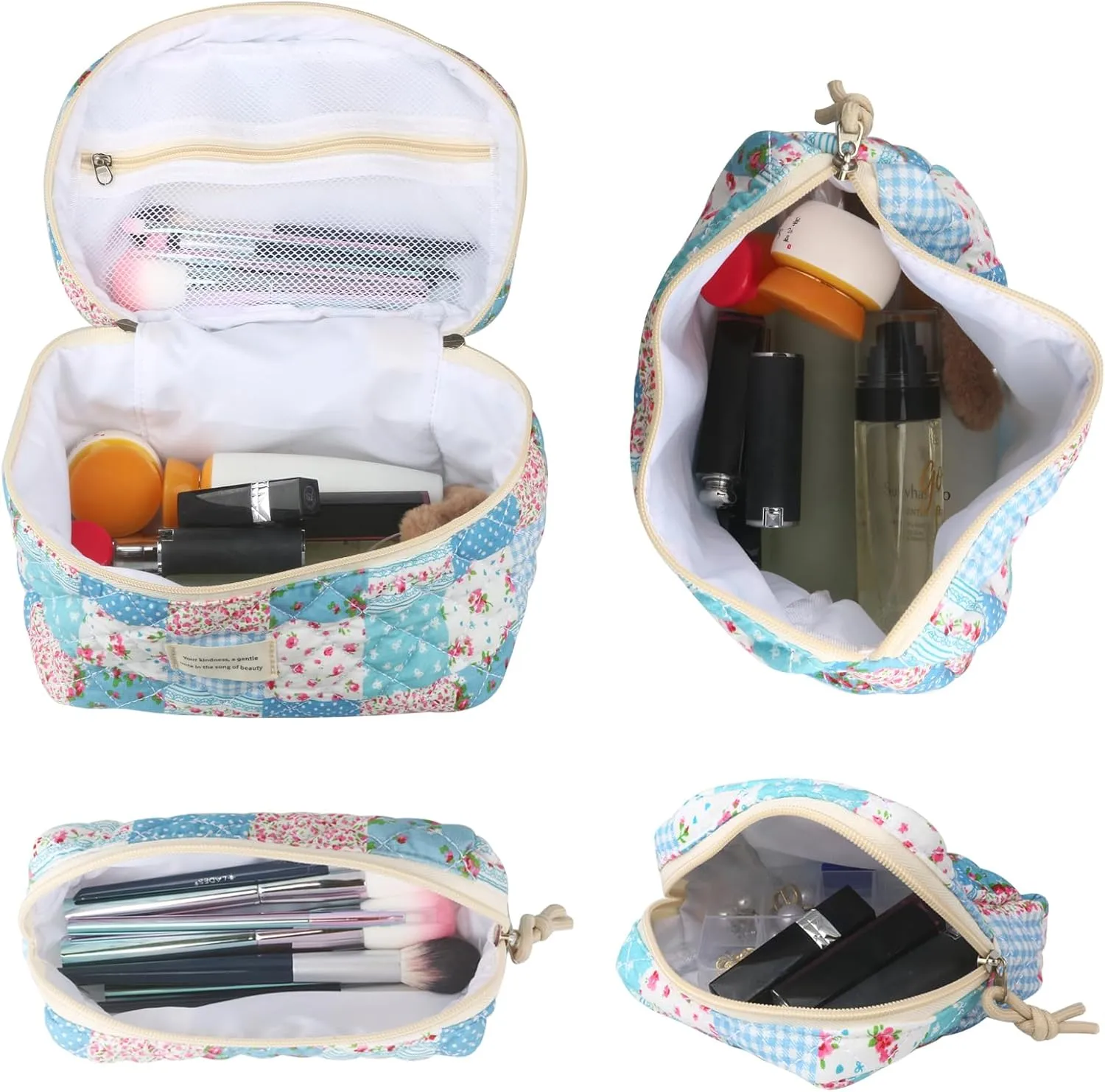 4Pcs Large Capacity Makeup Bag for Women, Cute Portable Quilted Coquette Aesthetic Floral Cosmetic Bag, Organizer Storage Travel Toiletry Bag (005-Grid Rose)