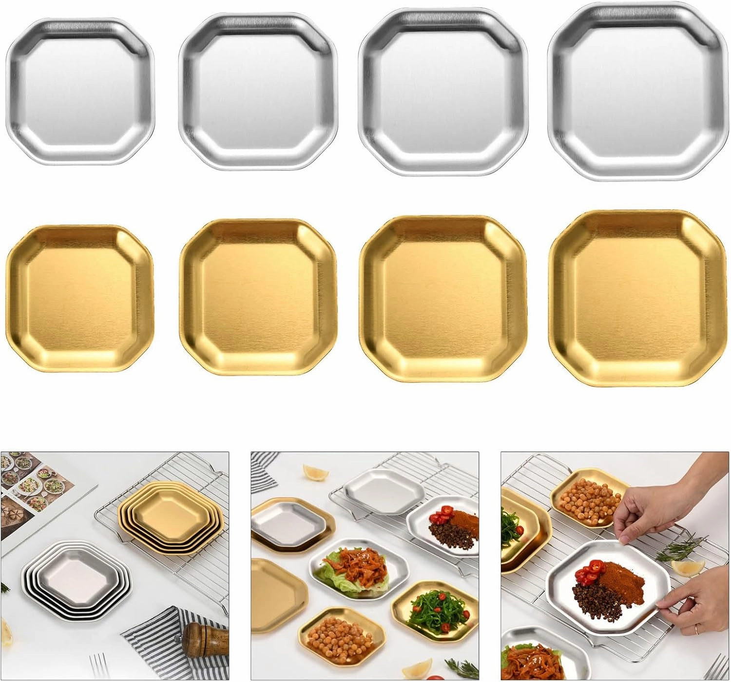4pcs Efficient Gold/Silver Stainless Steel Plates Sturdy And Stackable Dishes For Camping Picnics And Family Meals