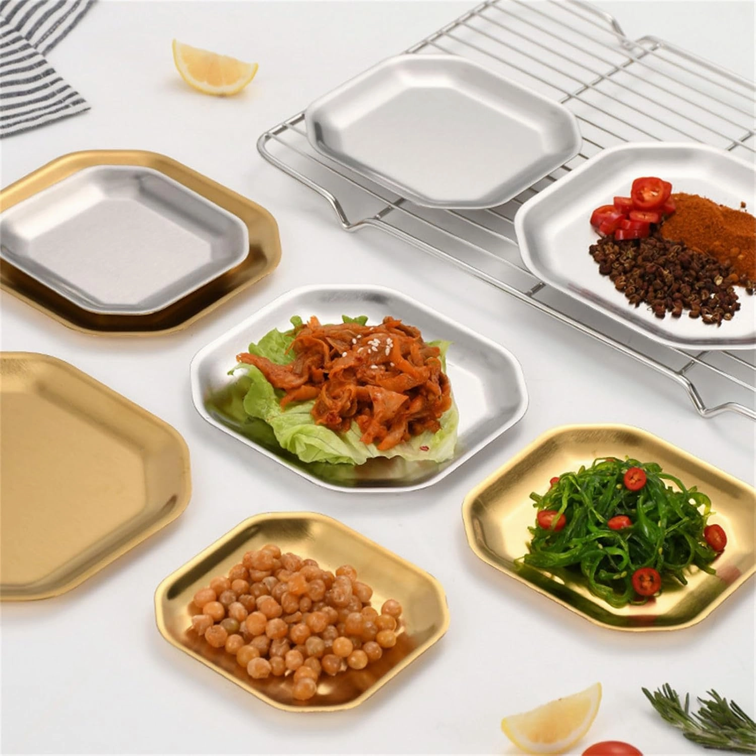 4pcs Efficient Gold/Silver Stainless Steel Plates Sturdy And Stackable Dishes For Camping Picnics And Family Meals