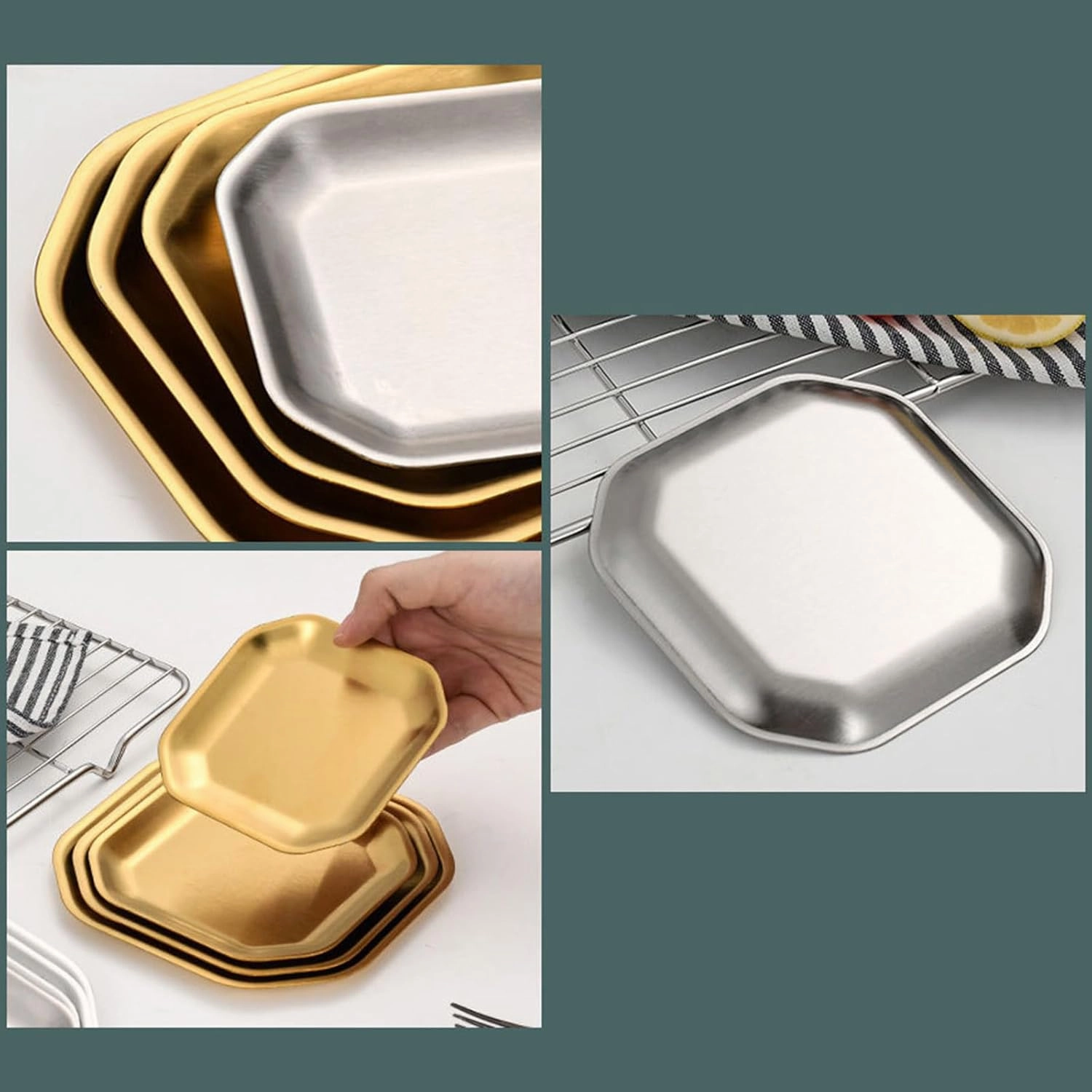 4pcs Efficient Gold/Silver Stainless Steel Plates Sturdy And Stackable Dishes For Camping Picnics And Family Meals