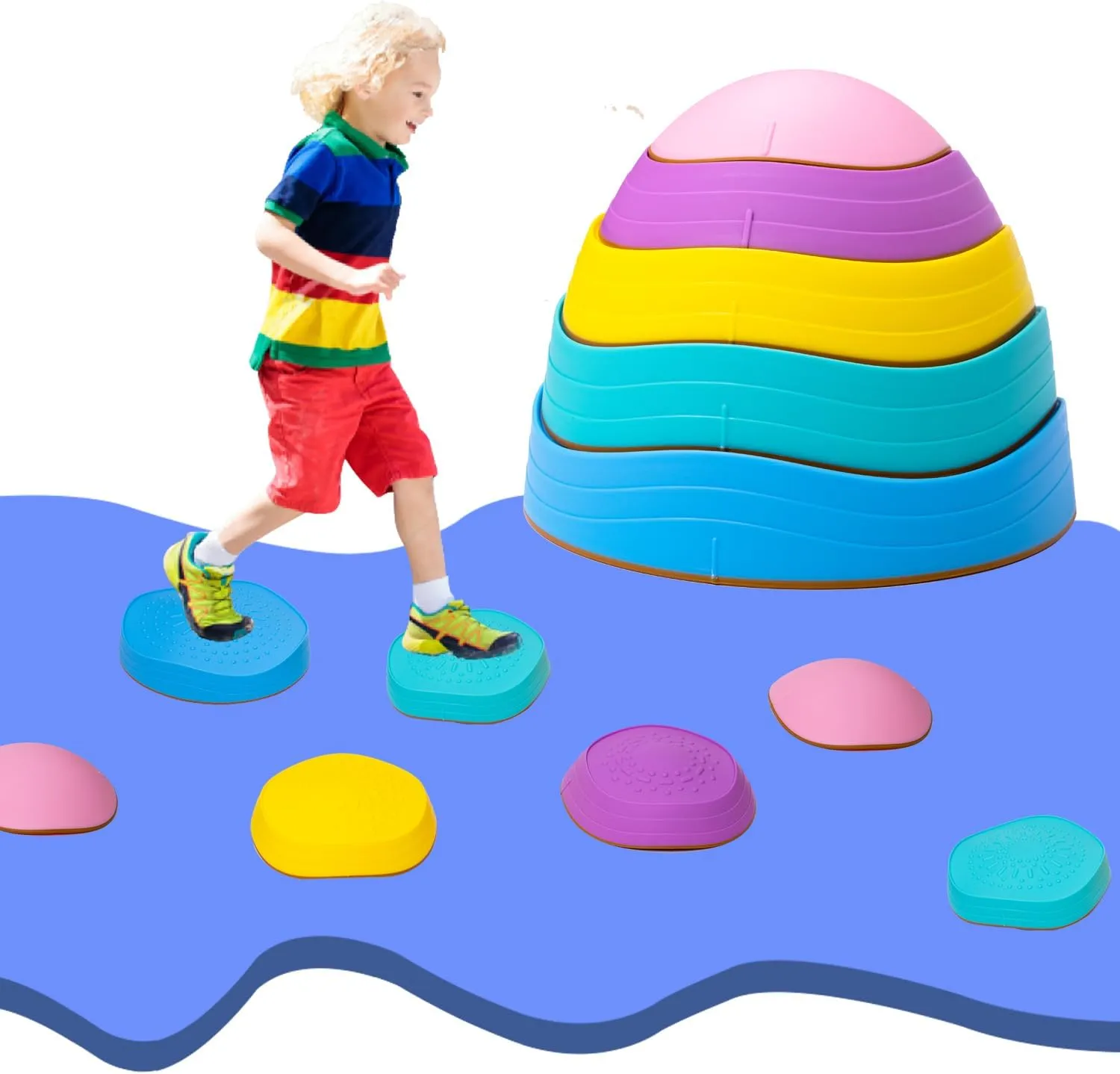 5 Pcs Stepping Stones for Kids, Balance River Stones Toy for Toddlers, Non-Slip Rubber Edges & Plastic Surface, Children's Sensory Obstacle Courses