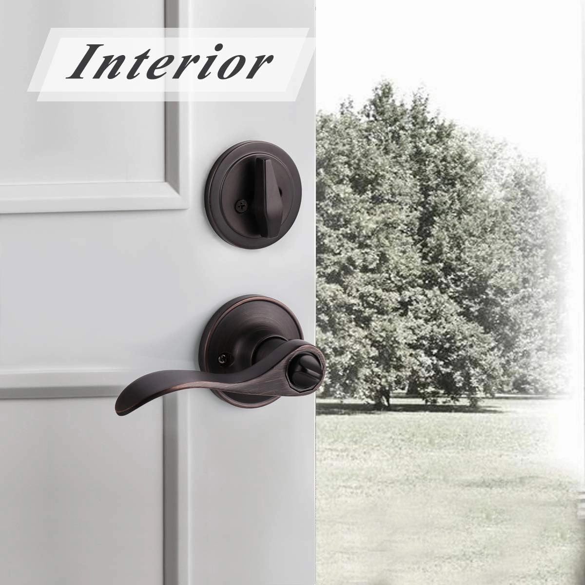 5 Sets-Front Door Entry Lever and Single Cylinder Deadbolts Combination Set, Keyed Alike Interior and Exterior Hardware, Oil Rubbed Bronze Door Handlesets, Combo Pack, Drop/Wave Shape Lockset Leverset