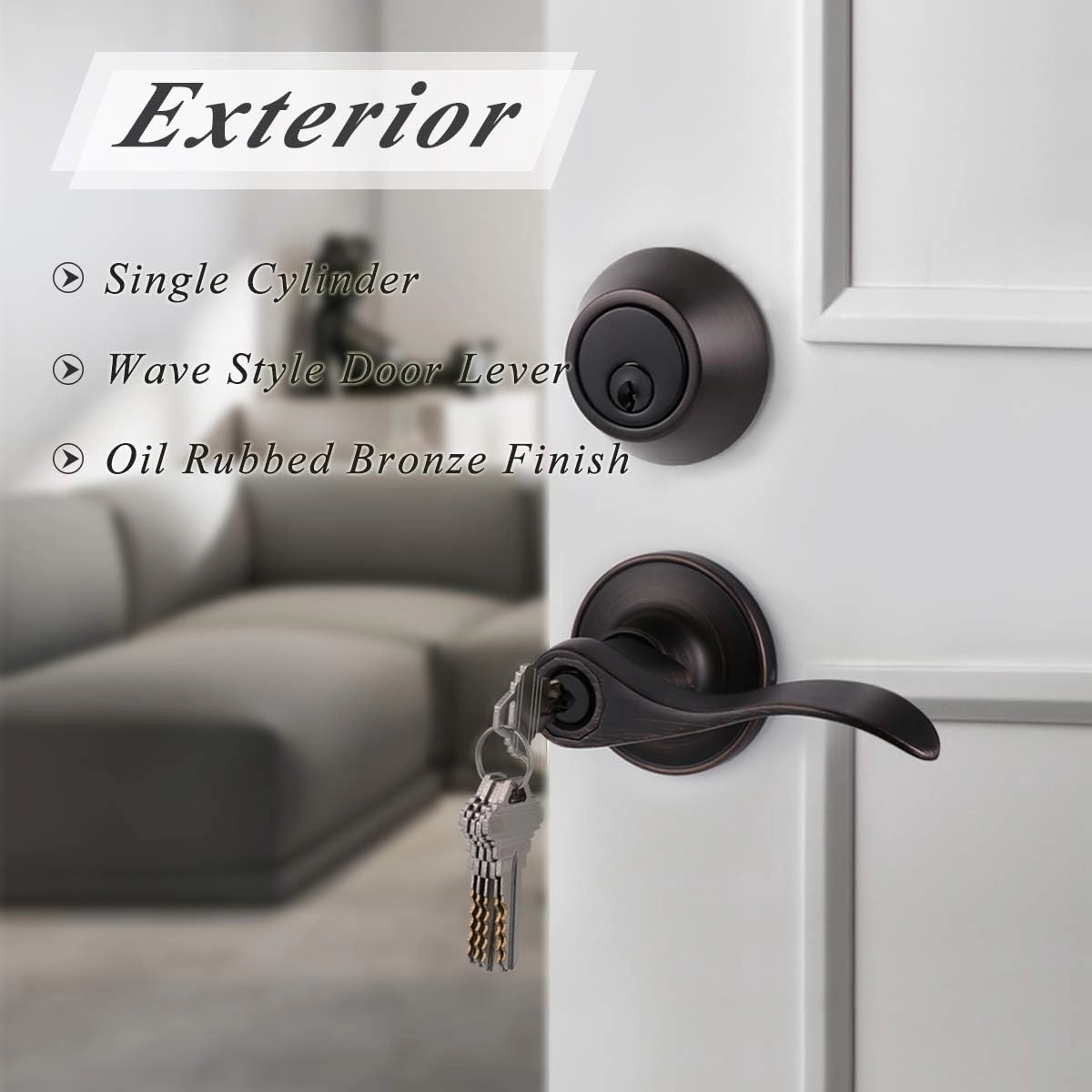 5 Sets-Front Door Entry Lever and Single Cylinder Deadbolts Combination Set, Keyed Alike Interior and Exterior Hardware, Oil Rubbed Bronze Door Handlesets, Combo Pack, Drop/Wave Shape Lockset Leverset