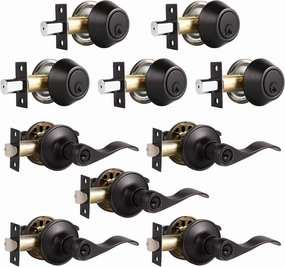 5 Sets-Front Door Entry Lever and Single Cylinder Deadbolts Combination Set, Keyed Alike Interior and Exterior Hardware, Oil Rubbed Bronze Door Handlesets, Combo Pack, Drop/Wave Shape Lockset Leverset