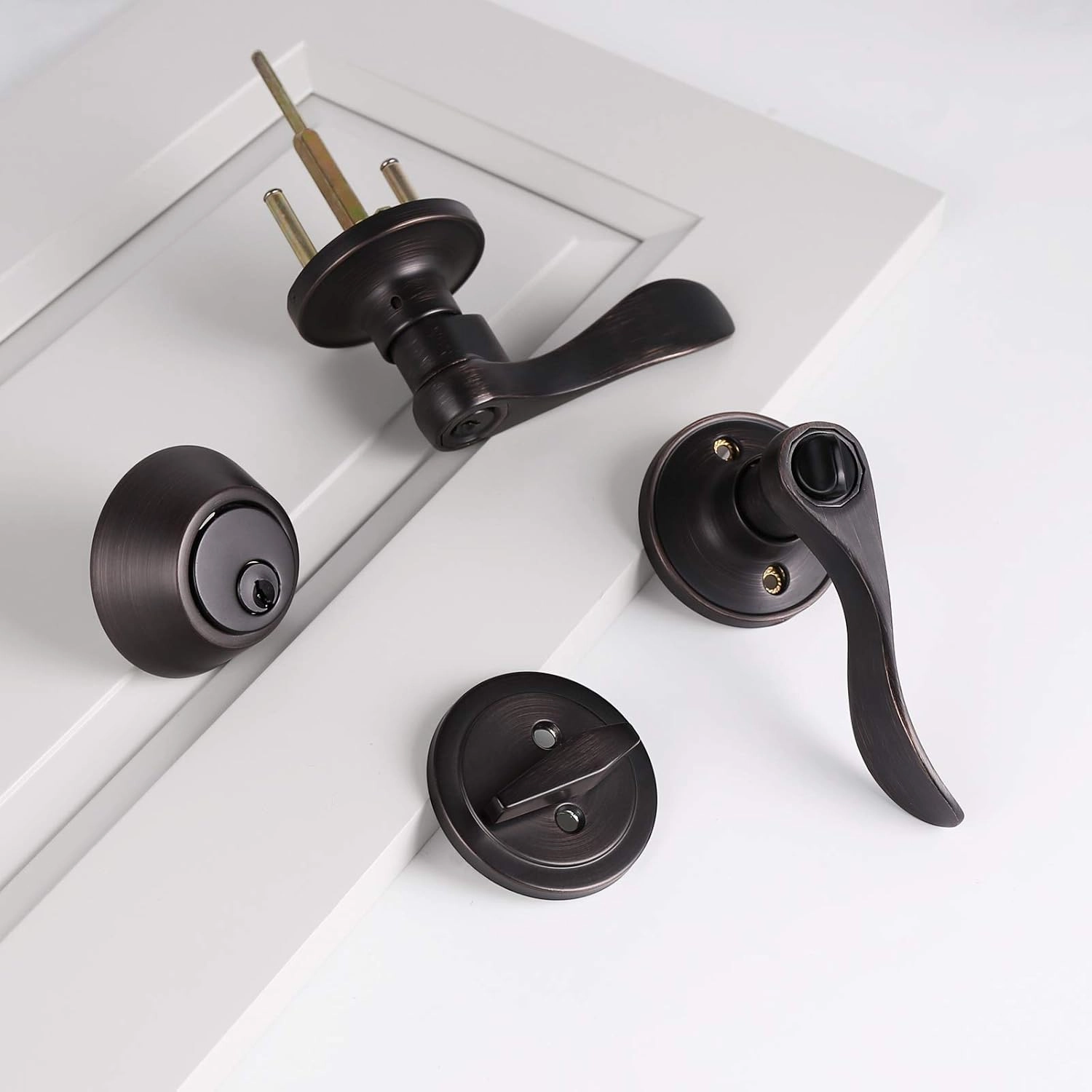 5 Sets-Front Door Entry Lever and Single Cylinder Deadbolts Combination Set, Keyed Alike Interior and Exterior Hardware, Oil Rubbed Bronze Door Handlesets, Combo Pack, Drop/Wave Shape Lockset Leverset