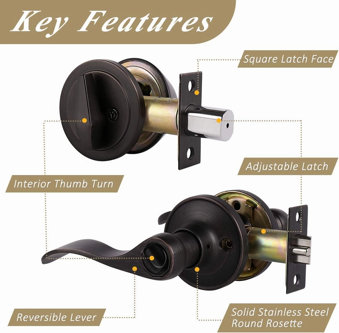 5 Sets-Front Door Entry Lever and Single Cylinder Deadbolts Combination Set, Keyed Alike Interior and Exterior Hardware, Oil Rubbed Bronze Door Handlesets, Combo Pack, Drop/Wave Shape Lockset Leverset