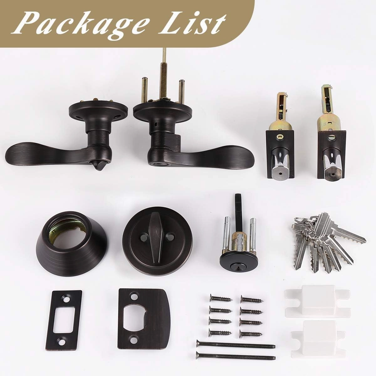 5 Sets-Front Door Entry Lever and Single Cylinder Deadbolts Combination Set, Keyed Alike Interior and Exterior Hardware, Oil Rubbed Bronze Door Handlesets, Combo Pack, Drop/Wave Shape Lockset Leverset