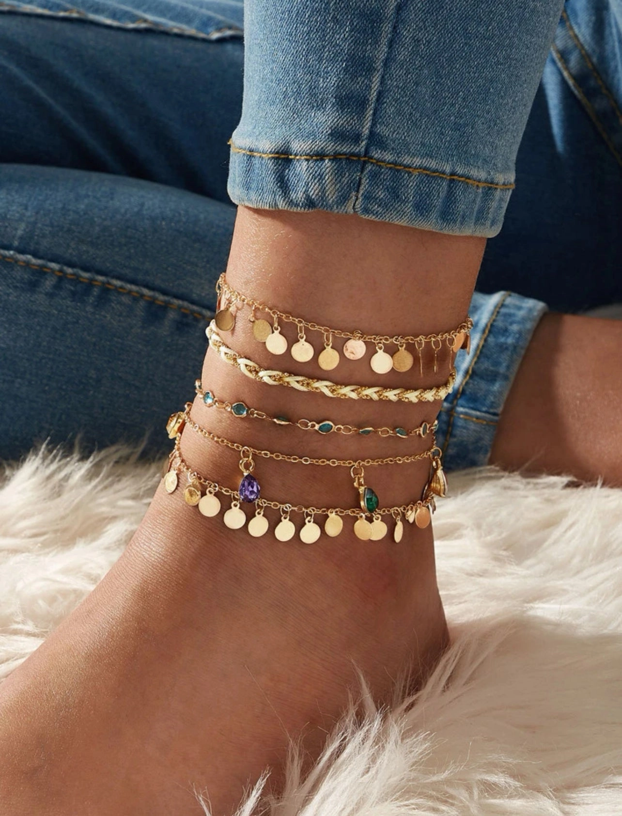 5pcs Thin Chain Anklet Coin Tassel Pendant Thin Chain Ankle Bracelet Set Stackable Foot Jewelry Set