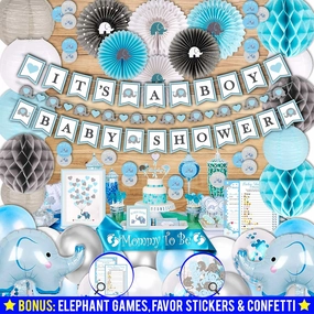 697 Piece Blue Elephant Baby Shower Decorations for Boy Kit - It's a BOY Pre-Strung Banners, Garland Guestbook Mommy to Be Sash Balloons Cake Toppers Fans Lantern Napkins Straws Games & Favor Stickers