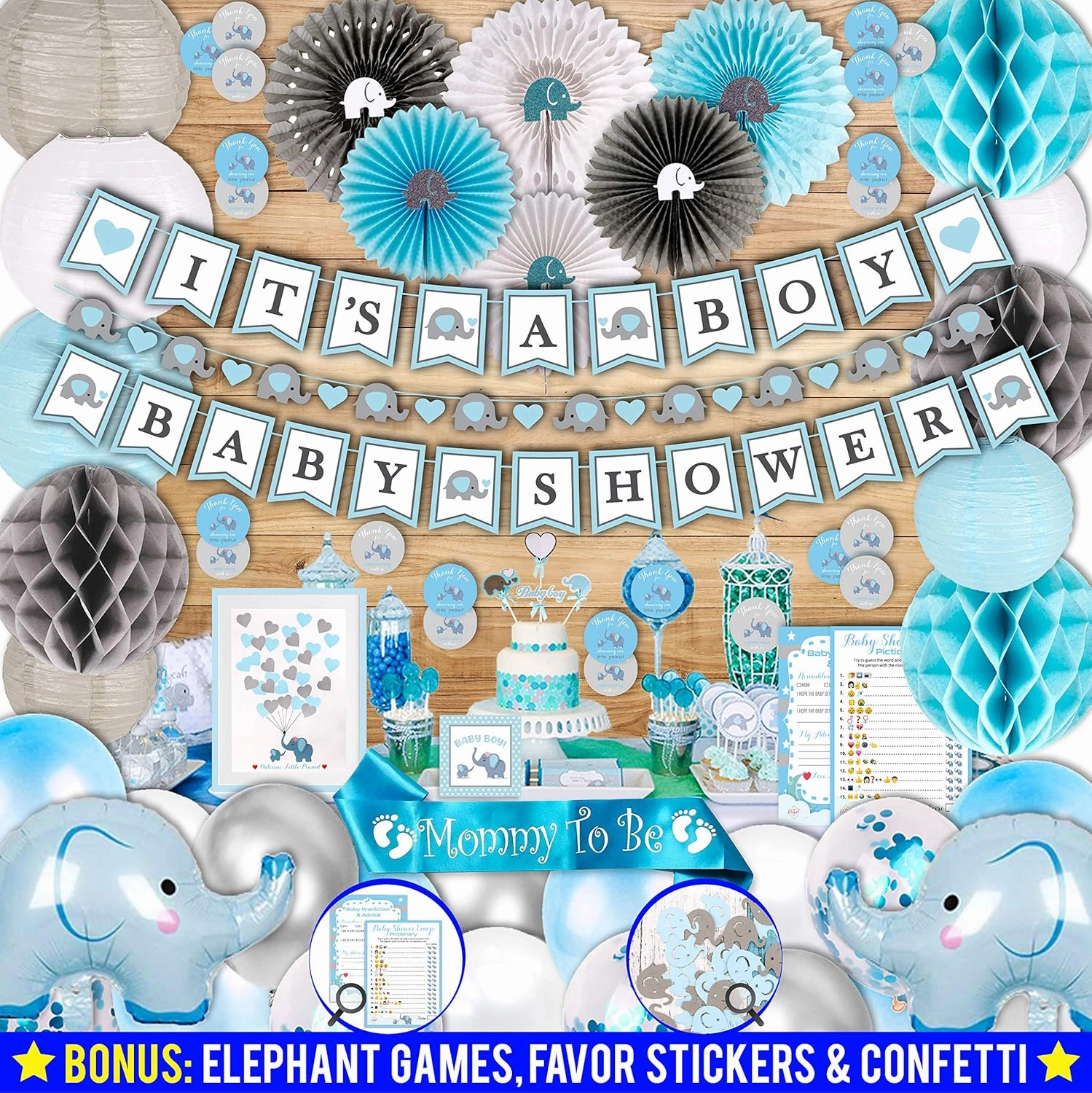 697 Piece Blue Elephant Baby Shower Decorations for Boy Kit - It's a BOY Pre-Strung Banners, Garland Guestbook Mommy to Be Sash Balloons Cake Toppers Fans Lantern Napkins Straws Games & Favor Stickers