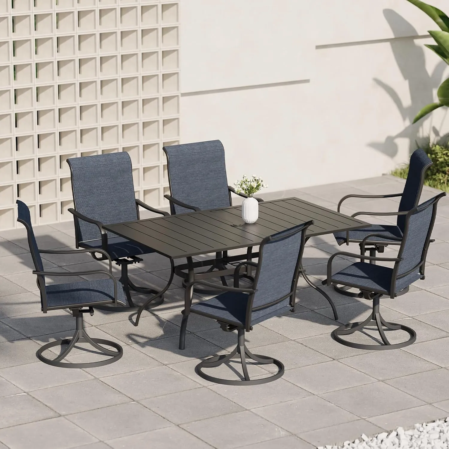 7-Piece Outdoor Dining Set, 6 Swivel Patio Chairs & 60''Rectangular Dining Table with All Weather Frame Furniture Set - Navy Style2