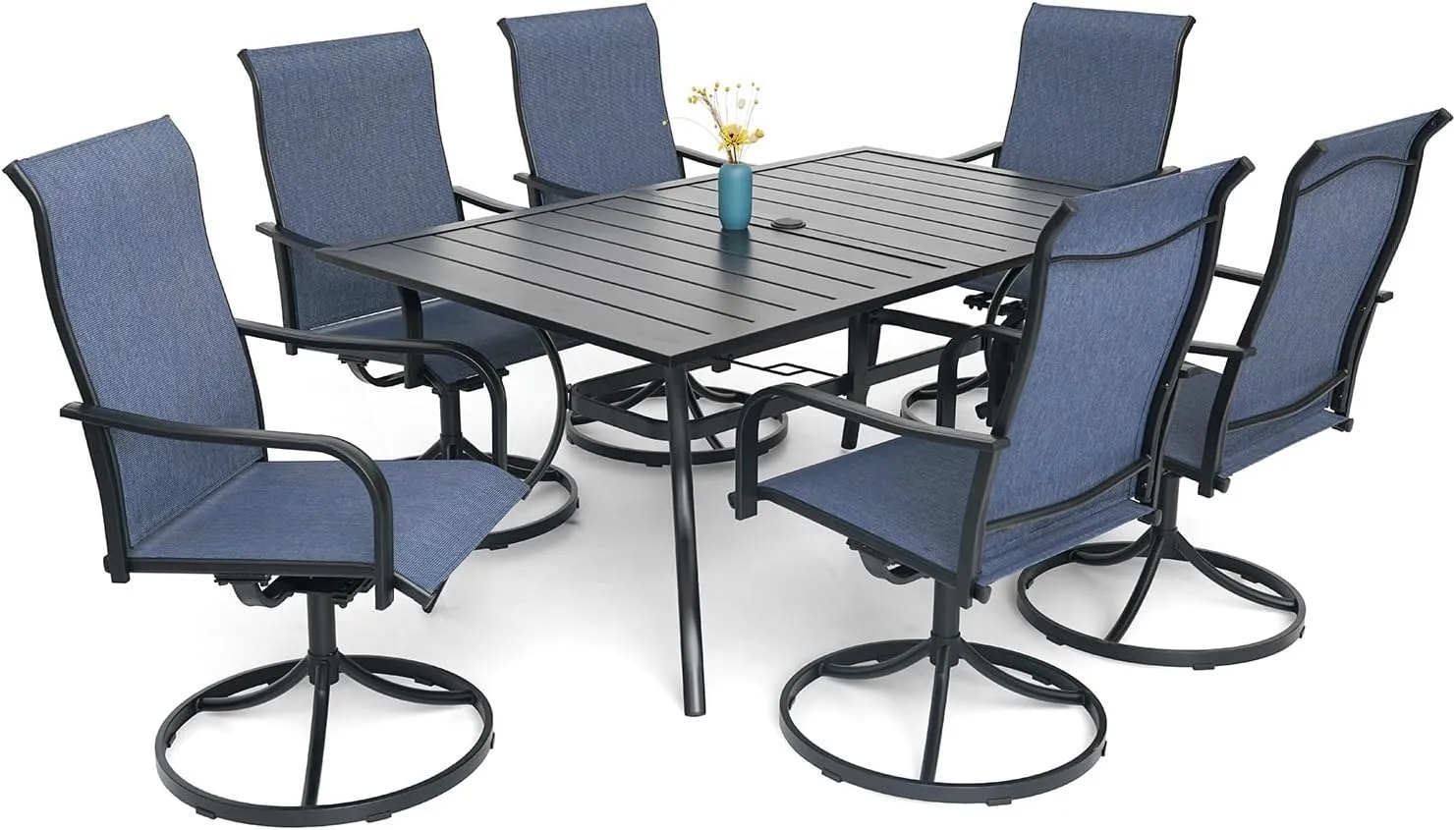 7-Piece Outdoor Dining Set, 6 Swivel Patio Chairs & 60''Rectangular Dining Table with All Weather Frame Furniture Set - Navy Style2