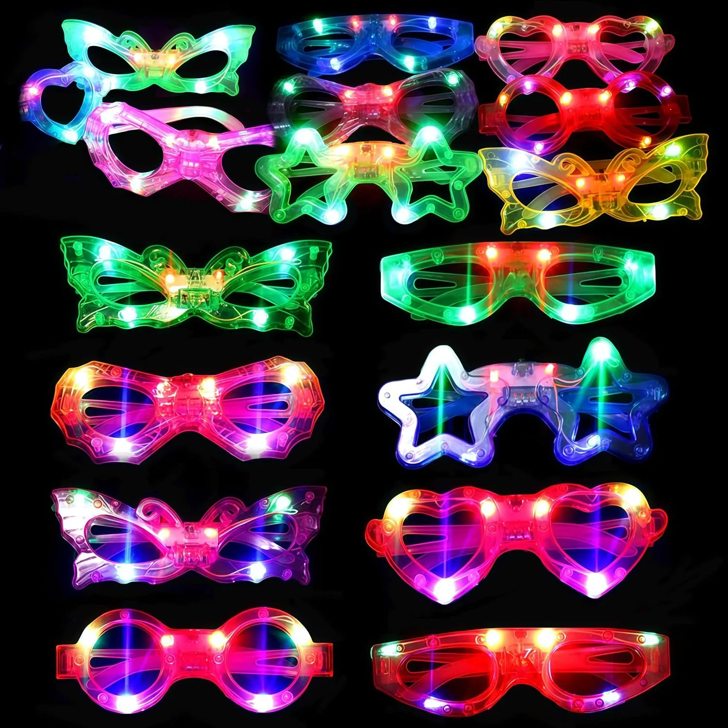 72 Packs LED Glasses for kids Glow in the dark Party Supplies Favor,6 LED 6 Shapes Glasses Flashing Plastic Light up Glass Toys Bulk 3 Replaceable Battery fit EASTER Graduation Party Supplies 2025